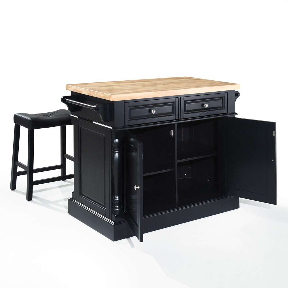 Crosley Furniture - Butcher Block Top Kitchen Island in Black Finish with 24in Black Upholstered Saddle Stools - KF300064BK veiw 2