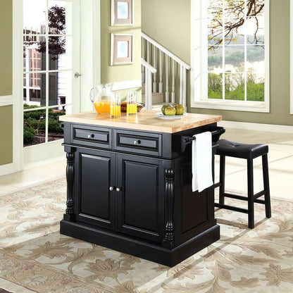 Crosley Furniture - Butcher Block Top Kitchen Island in Black Finish with 24in Black Upholstered Saddle Stools - KF300064BK veiw 3