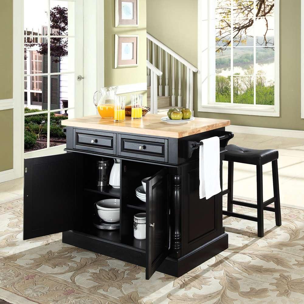 Crosley Furniture - Butcher Block Top Kitchen Island in Black Finish with 24in Black Upholstered Saddle Stools - KF300064BK veiw 4