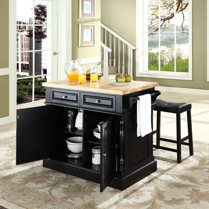 Crosley Furniture - Butcher Block Top Kitchen Island in Black Finish with 24in Black Upholstered Saddle Stools - KF300064BK veiw 4