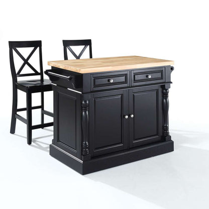 Crosley Furniture - Butcher Block Top Kitchen Island in Black Finish with 24in Black X-Back Stools - KF300063BK veiw 1