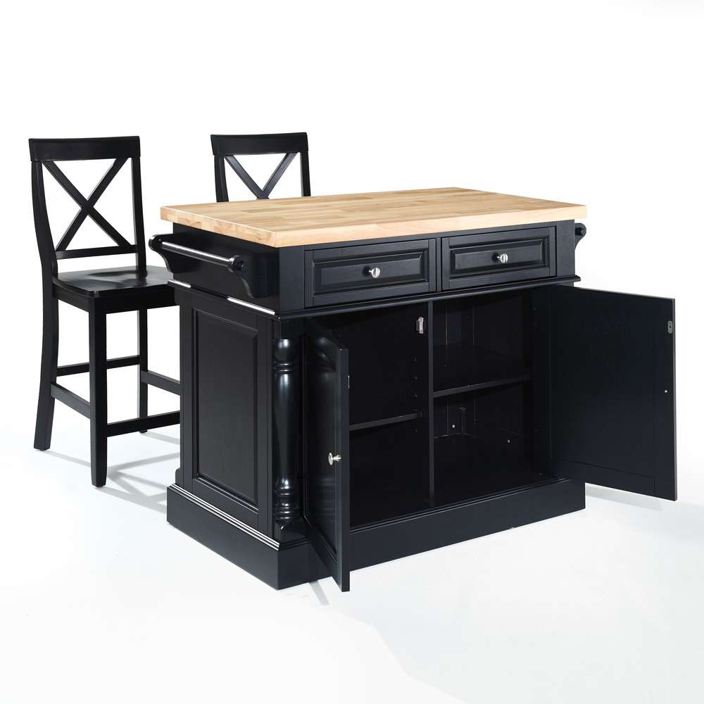 Crosley Furniture - Butcher Block Top Kitchen Island in Black Finish with 24in Black X-Back Stools - KF300063BK veiw 2