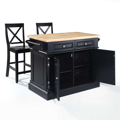 Crosley Furniture - Butcher Block Top Kitchen Island in Black Finish with 24in Black X-Back Stools - KF300063BK veiw 2
