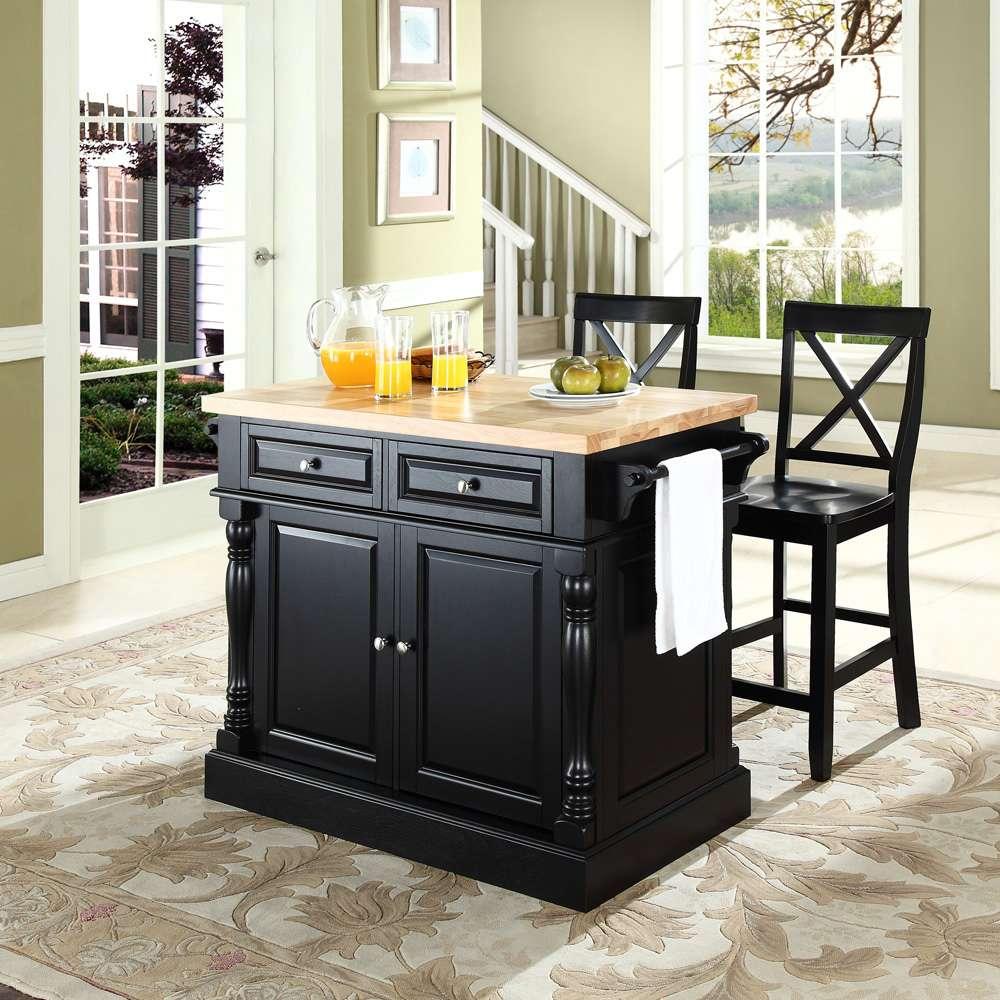 Crosley Furniture - Butcher Block Top Kitchen Island in Black Finish with 24in Black X-Back Stools - KF300063BK veiw 3