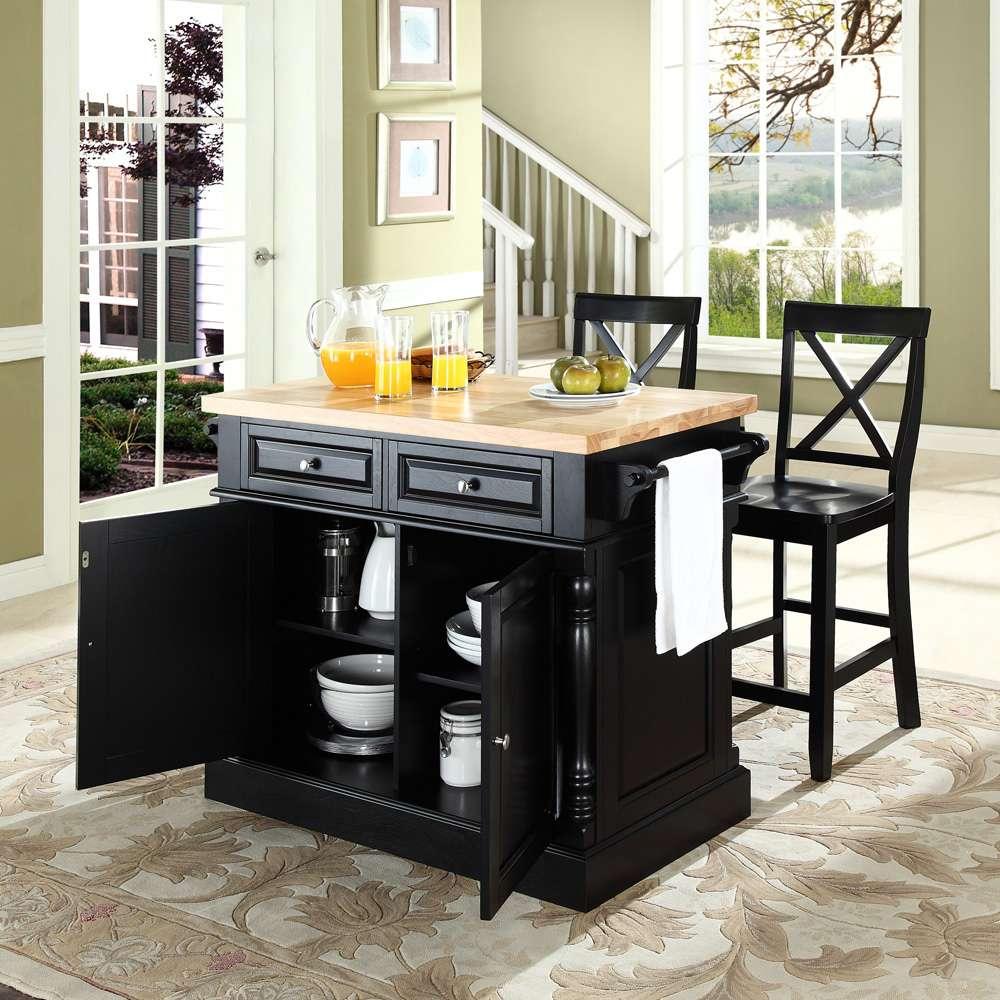 Crosley Furniture - Butcher Block Top Kitchen Island in Black Finish with 24in Black X-Back Stools - KF300063BK veiw 4