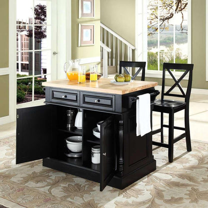 Crosley Furniture - Butcher Block Top Kitchen Island in Black Finish with 24in Black X-Back Stools - KF300063BK veiw 4