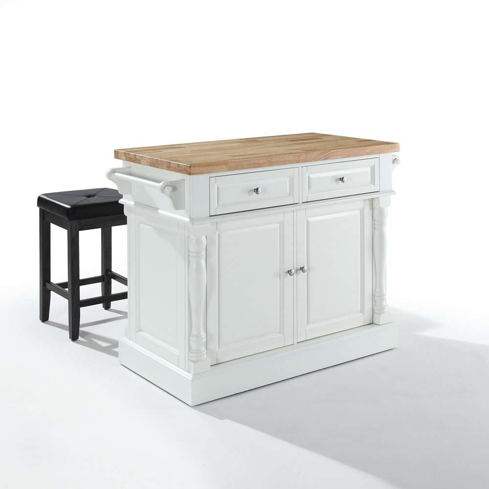 Crosley Furniture - Butcher Block Top Kitchen Island in White Finish with 24in Black Upholstered Square Seat Stools - KF300065WH veiw 1