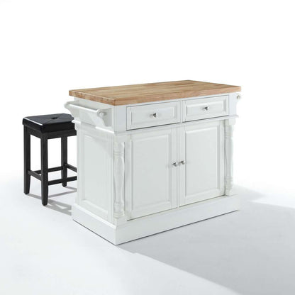 Crosley Furniture - Butcher Block Top Kitchen Island in White Finish with 24in Black Upholstered Square Seat Stools - KF300065WH veiw 1