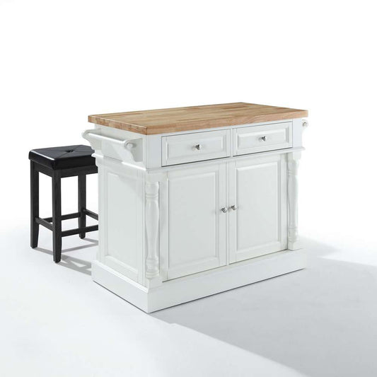 Crosley Furniture - Butcher Block Top Kitchen Island in White Finish with 24in Black Upholstered Square Seat Stools - KF300065WH veiw 1