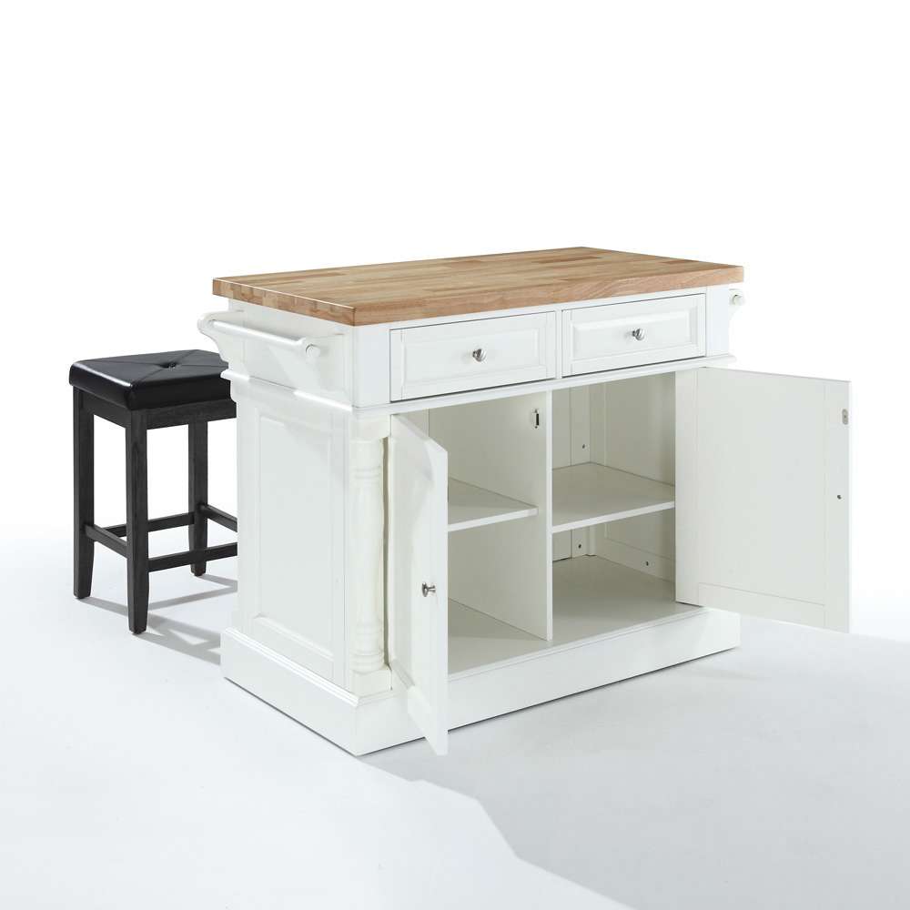Crosley Furniture - Butcher Block Top Kitchen Island in White Finish with 24in Black Upholstered Square Seat Stools - KF300065WH veiw 2