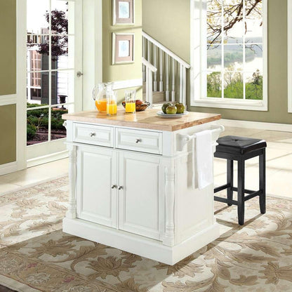 Crosley Furniture - Butcher Block Top Kitchen Island in White Finish with 24in Black Upholstered Square Seat Stools - KF300065WH veiw 4