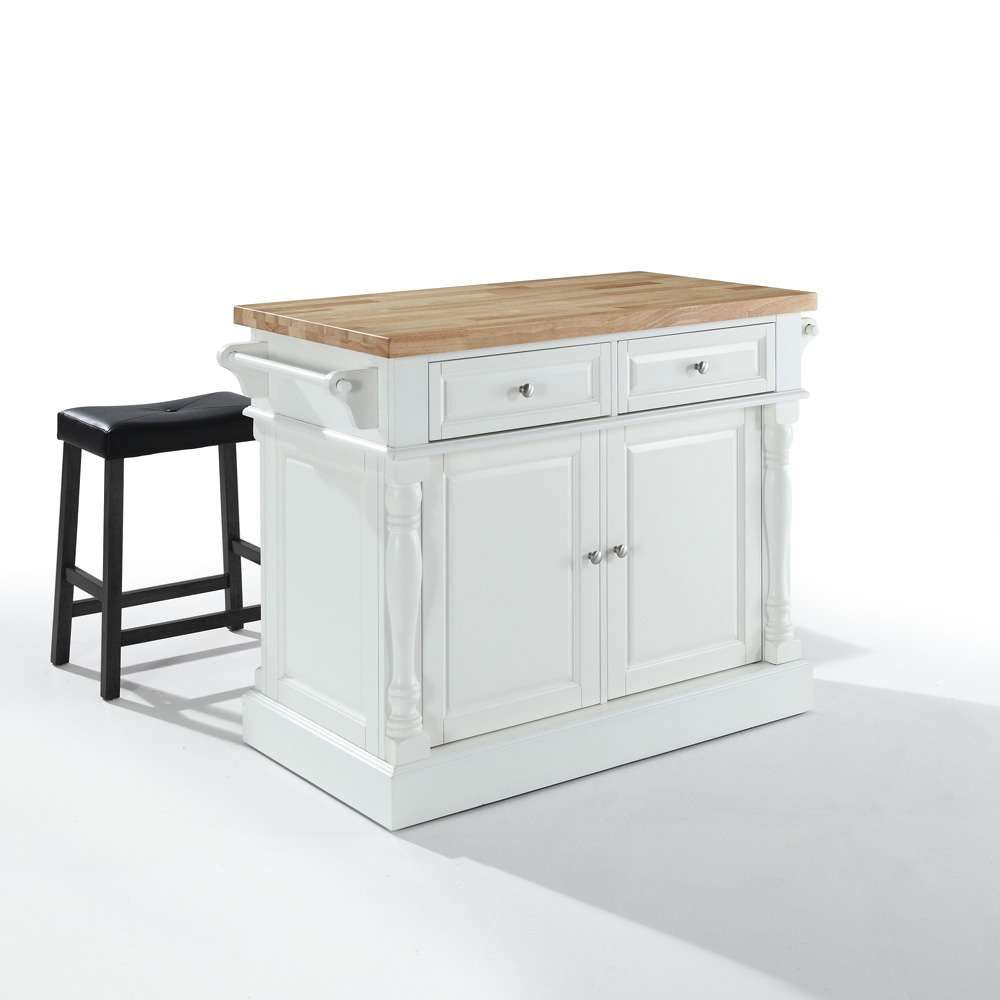 Crosley Furniture - Butcher Block Top Kitchen Island in White Finish with 24in Black Upholstered Saddle Stools - KF300064WH veiw 1