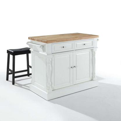 Crosley Furniture - Butcher Block Top Kitchen Island in White Finish with 24in Black Upholstered Saddle Stools - KF300064WH veiw 1