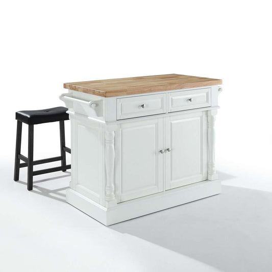 Crosley Furniture - Butcher Block Top Kitchen Island in White Finish with 24in Black Upholstered Saddle Stools - KF300064WH veiw 1