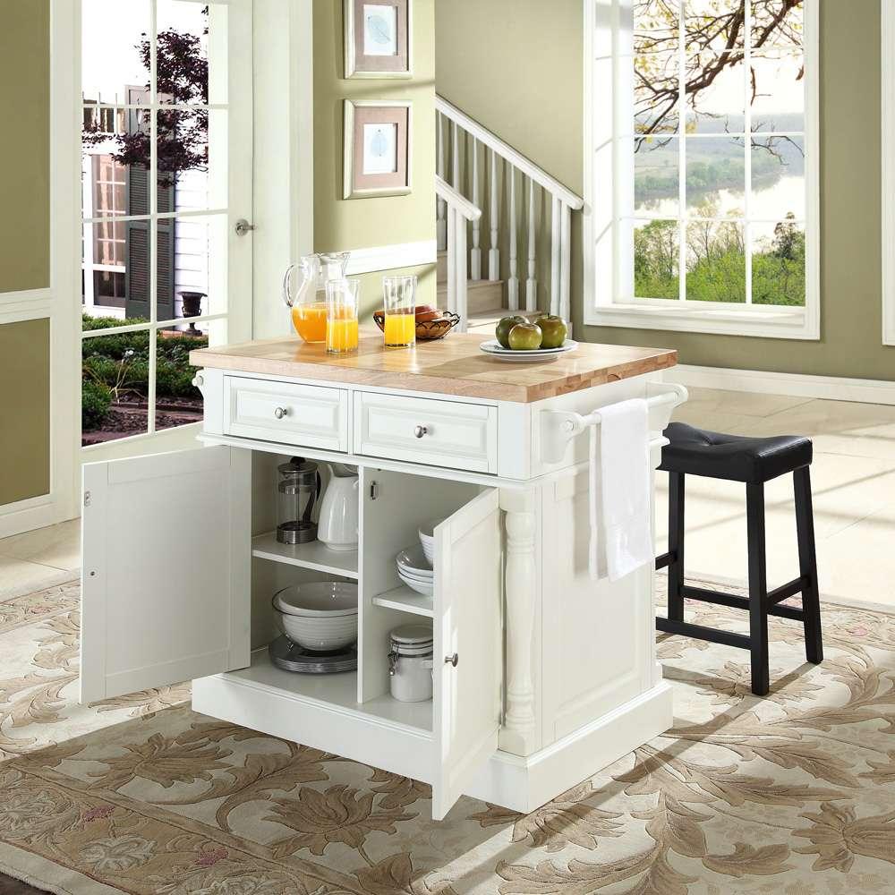 Crosley Furniture - Butcher Block Top Kitchen Island in White Finish with 24in Black Upholstered Saddle Stools - KF300064WH veiw 3