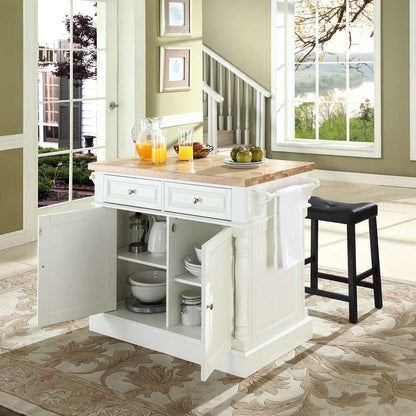 Crosley Furniture - Butcher Block Top Kitchen Island in White Finish with 24in Black Upholstered Saddle Stools - KF300064WH veiw 3