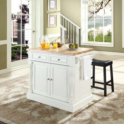 Crosley Furniture - Butcher Block Top Kitchen Island in White Finish with 24in Black Upholstered Saddle Stools - KF300064WH veiw 4