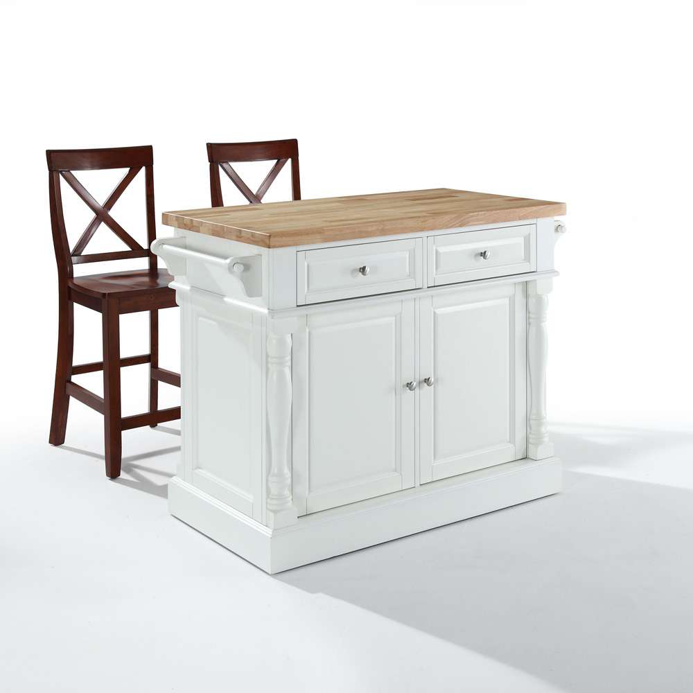 Crosley Furniture - Butcher Block Top Kitchen Island in White Finish with 24in Black X-Back Stools - KF300063WH veiw 1