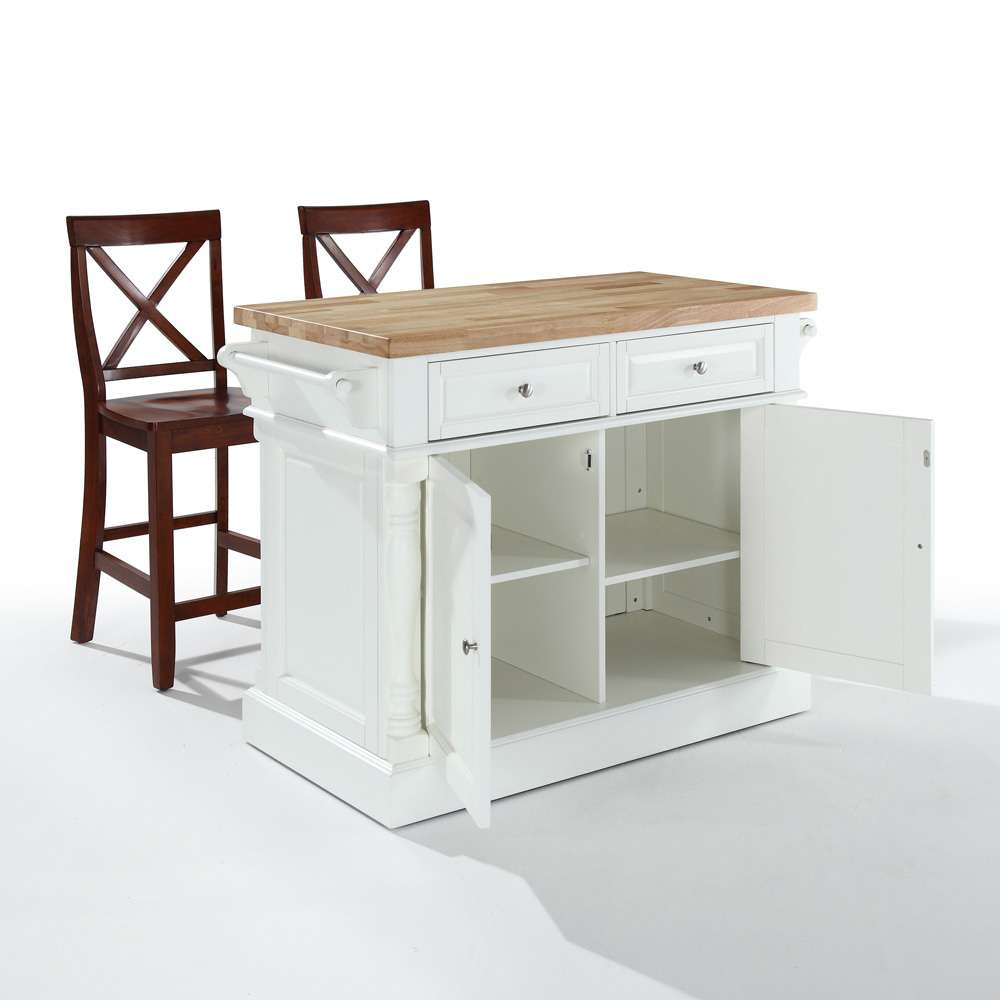Crosley Furniture - Butcher Block Top Kitchen Island in White Finish with 24in Black X-Back Stools - KF300063WH veiw 2