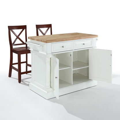 Crosley Furniture - Butcher Block Top Kitchen Island in White Finish with 24in Black X-Back Stools - KF300063WH veiw 2