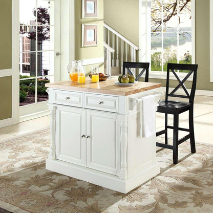 Crosley Furniture - Butcher Block Top Kitchen Island in White Finish with 24in Black X-Back Stools - KF300063WH veiw 3