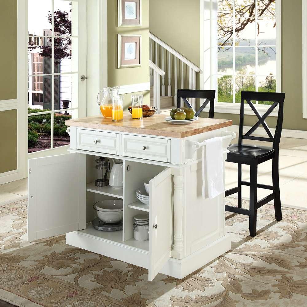 Crosley Furniture - Butcher Block Top Kitchen Island in White Finish with 24in Black X-Back Stools - KF300063WH veiw 4