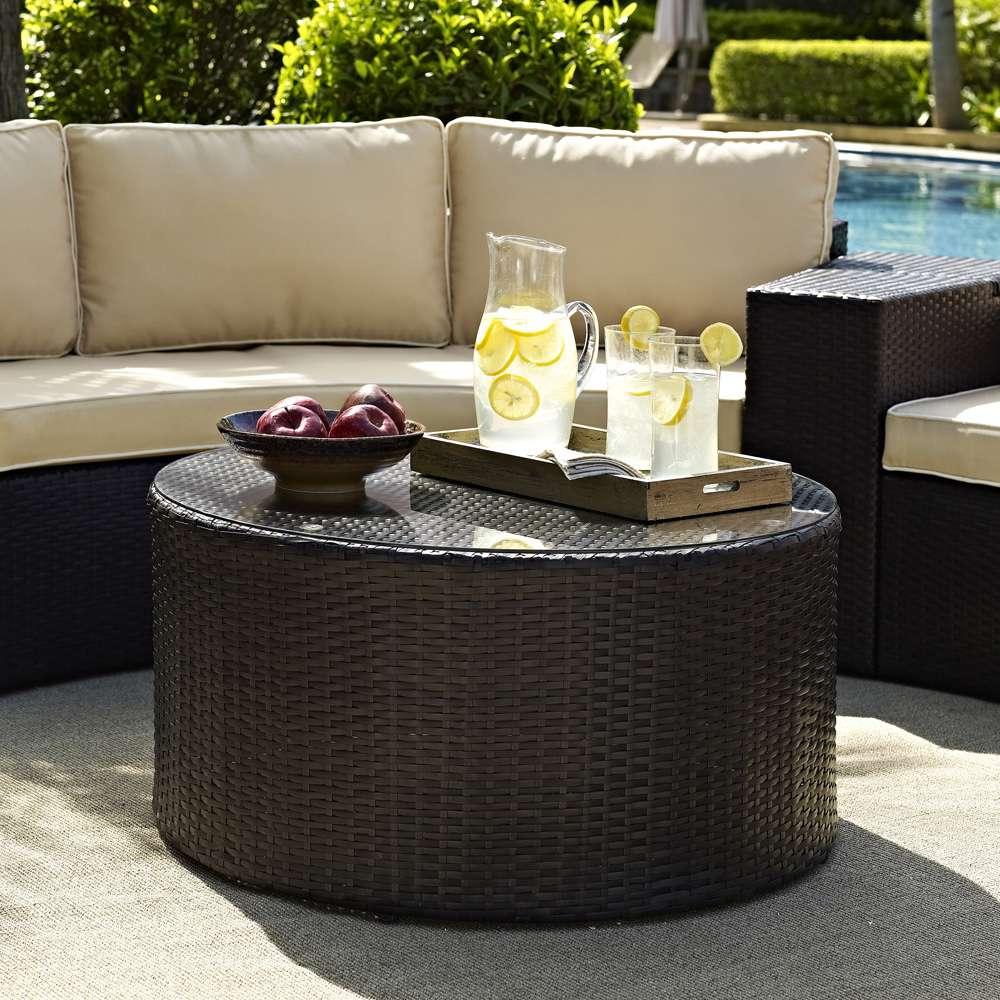 Crosley Furniture - Catalina Outdoor Wicker Round Glass Top Coffee Table - CO7121-BR veiw 1