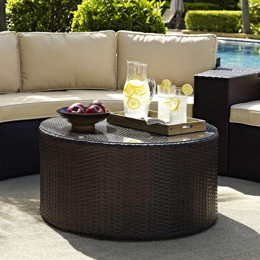 Crosley Furniture - Catalina Outdoor Wicker Round Glass Top Coffee Table - CO7121-BR veiw 1