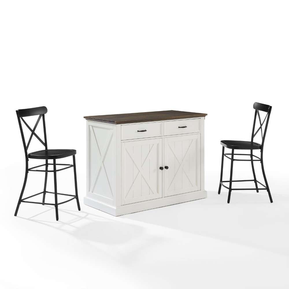 Crosley Furniture - Clifton Kitchen Island W/Camille Stools Distressed White/Black - Kitchen Island & 2 Stools - KF30073WH-BK veiw 1