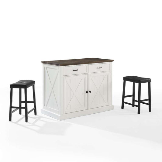 Crosley Furniture - Clifton Kitchen Island W/Uph Saddle Stools Distressed White/Black - Kitchen Island & 2 Stools - KF30071WH-BK veiw 1