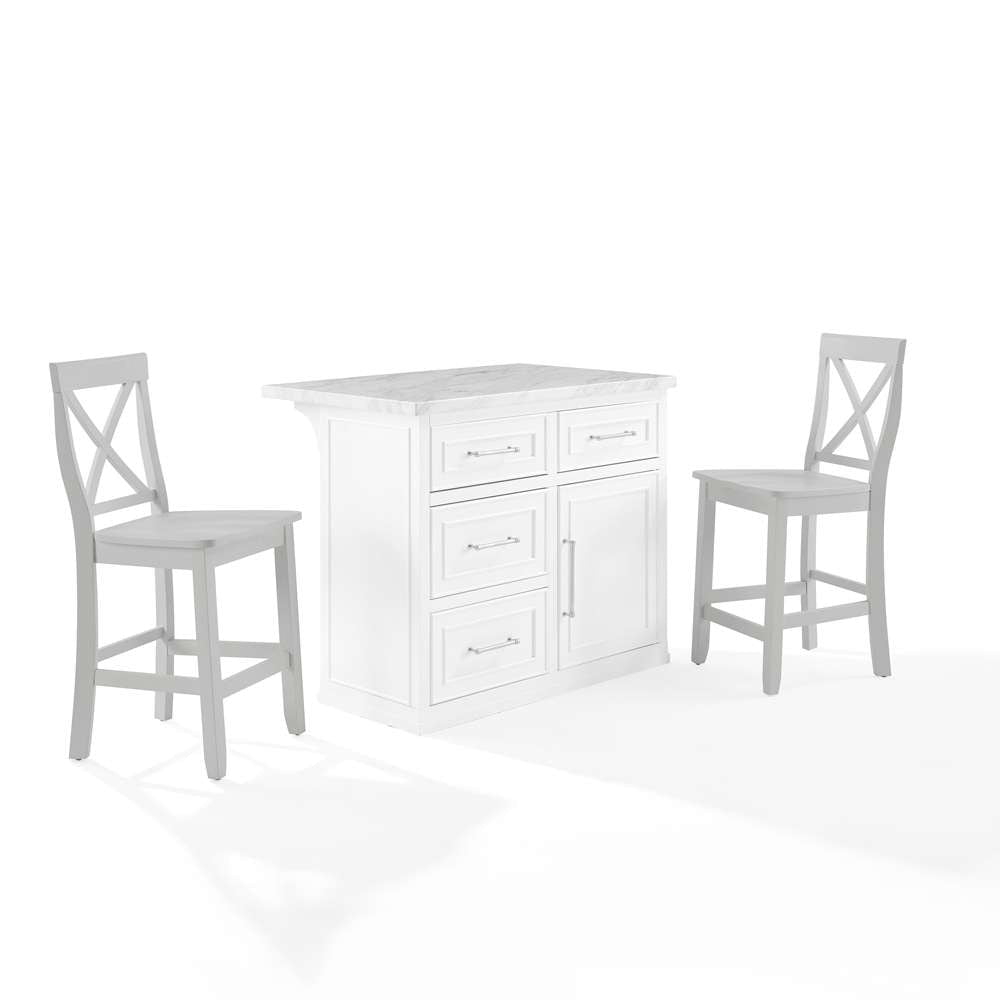 Crosley Furniture - Cutler Faux Marble Top Kitchen Island W/X-Back Stools White/Gray - Kitchen Island & 2 Stools - KF30095WH-GY veiw 1