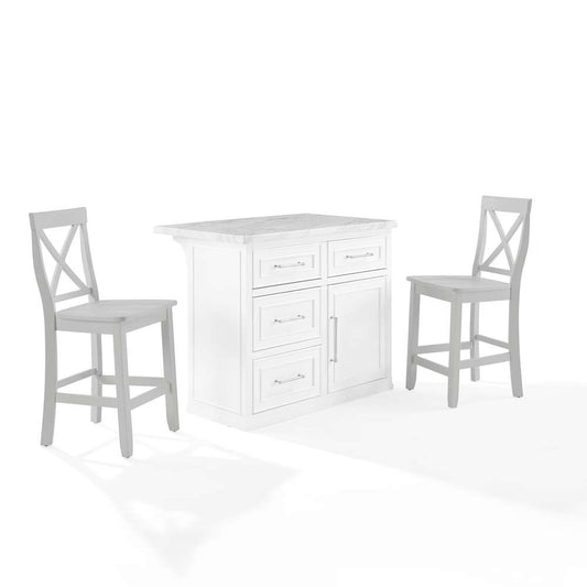 Crosley Furniture - Cutler Faux Marble Top Kitchen Island W/X-Back Stools White/Gray - Kitchen Island & 2 Stools - KF30095WH-GY veiw 1
