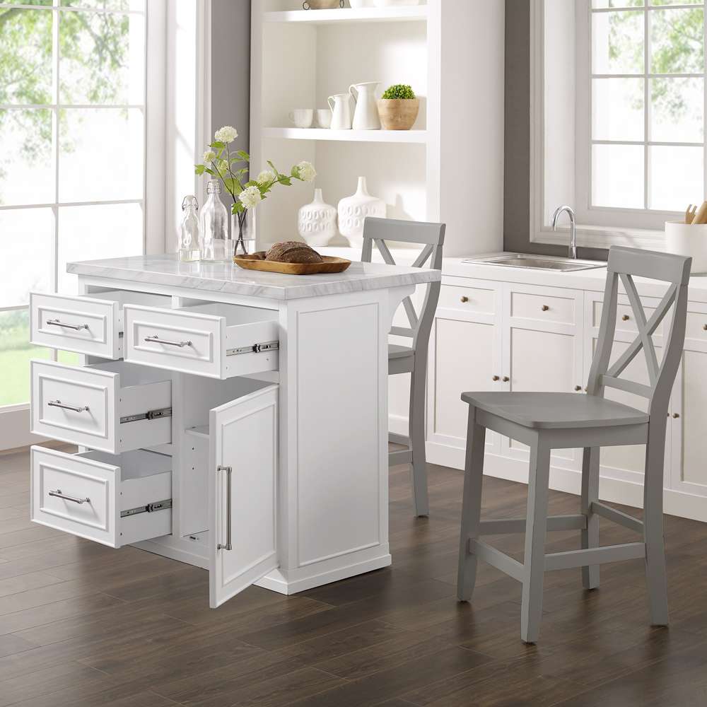 Crosley Furniture - Cutler Faux Marble Top Kitchen Island W/X-Back Stools White/Gray - Kitchen Island & 2 Stools - KF30095WH-GY veiw 3