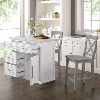Crosley Furniture - Cutler Faux Marble Top Kitchen Island W/X-Back Stools White/Gray - Kitchen Island & 2 Stools - KF30095WH-GY veiw 3