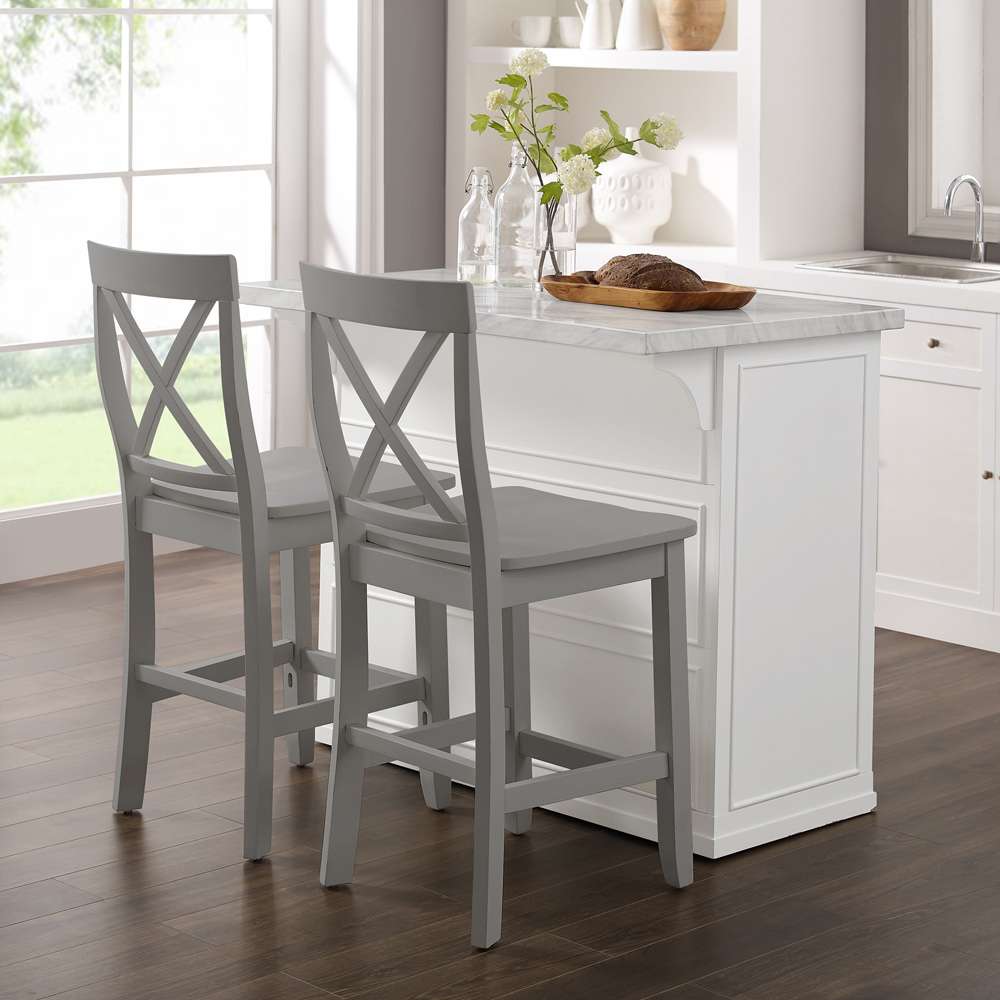 Crosley Furniture - Cutler Faux Marble Top Kitchen Island W/X-Back Stools White/Gray - Kitchen Island & 2 Stools - KF30095WH-GY veiw 4