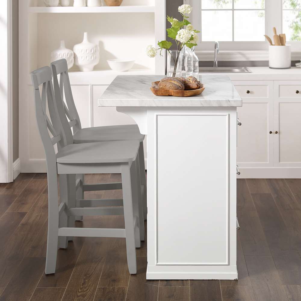 Crosley Furniture - Cutler Faux Marble Top Kitchen Island W/X-Back Stools White/Gray - Kitchen Island & 2 Stools - KF30095WH-GY veiw 5