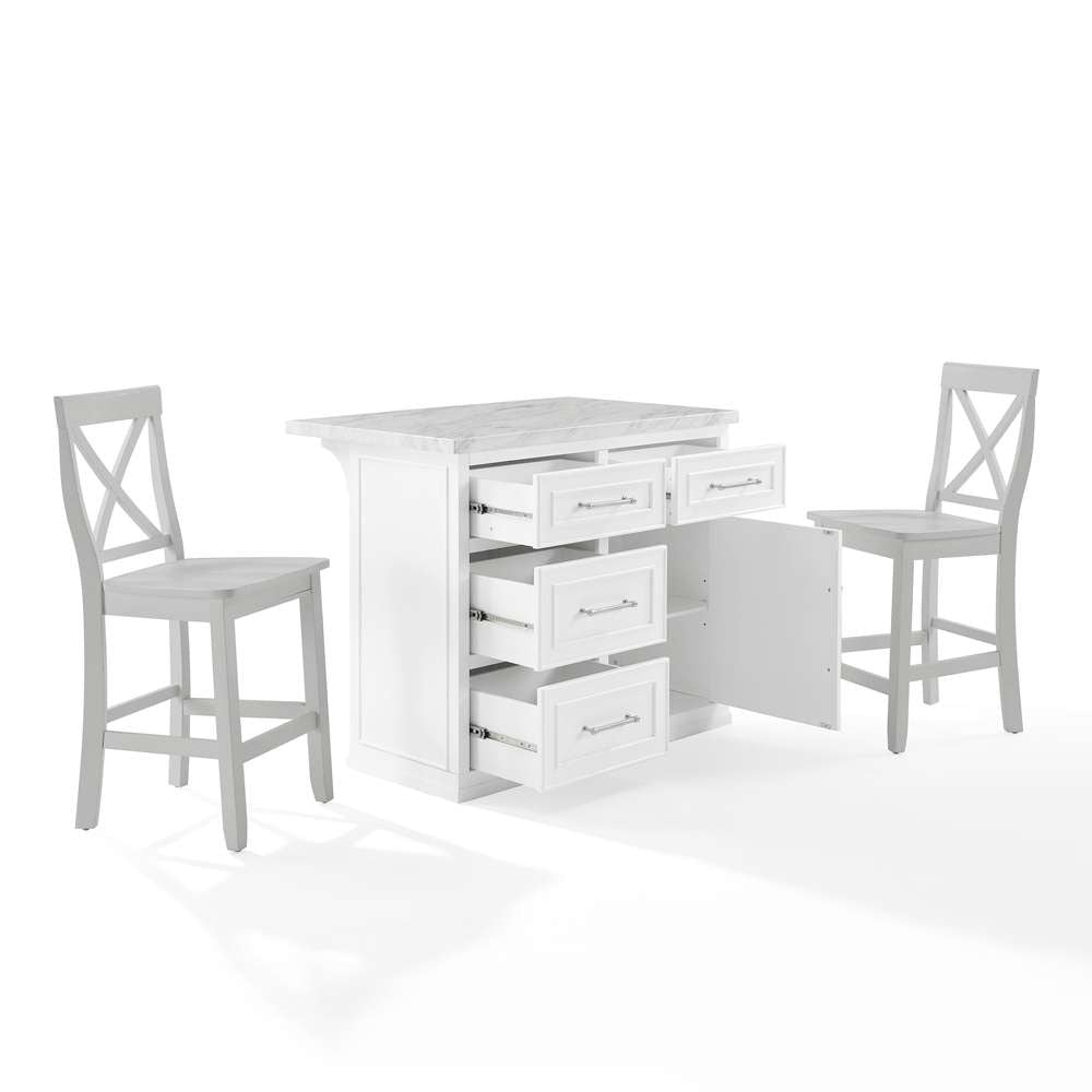 Crosley Furniture - Cutler Faux Marble Top Kitchen Island W/X-Back Stools White/Gray - Kitchen Island & 2 Stools - KF30095WH-GY veiw 7