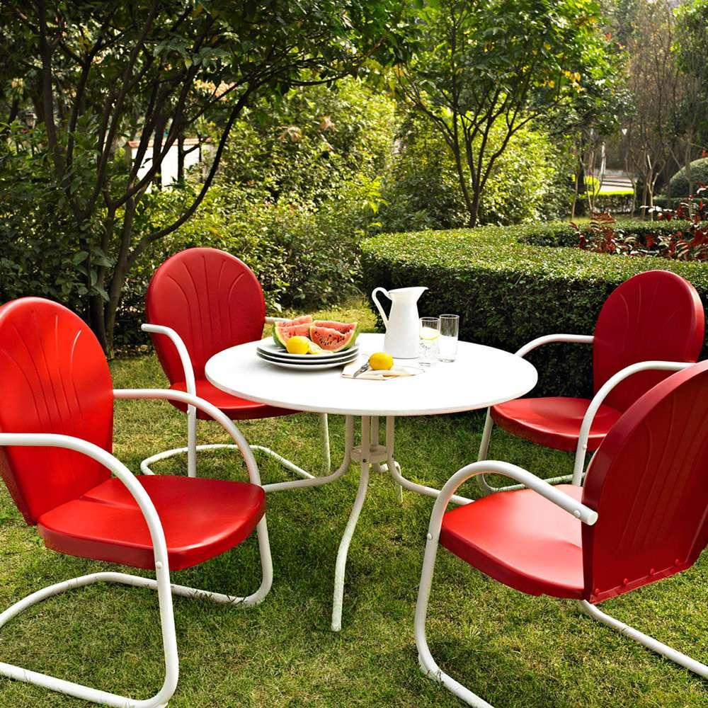 Crosley Furniture - Griffith Metal 40in Five Piece Outdoor Dining Set - 40in DiningTable in White Finish with Red Finish Chairs - KOD1003WH veiw 1