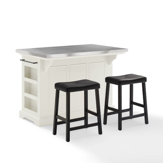 Crosley Furniture - Julia Island With Uph Saddle Stools White/Black - Kitchen Island, 2 Counter Height Bar Stools - KF30062WH-BK veiw 1