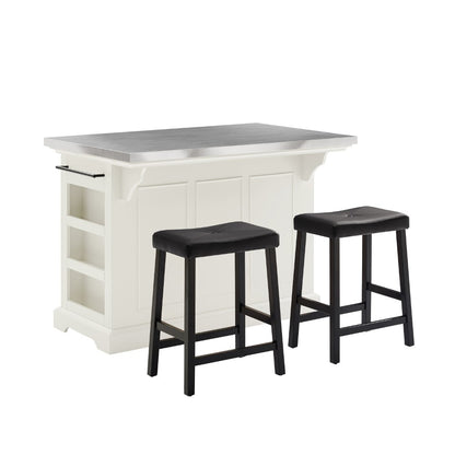 Crosley Furniture - Julia Island With Uph Saddle Stools White/Black - Kitchen Island, 2 Counter Height Bar Stools - KF30062WH-BK veiw 2