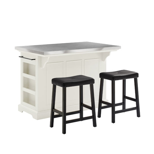 Crosley Furniture - Julia Island With Uph Saddle Stools White/Black - Kitchen Island, 2 Counter Height Bar Stools - KF30062WH-BK veiw 2
