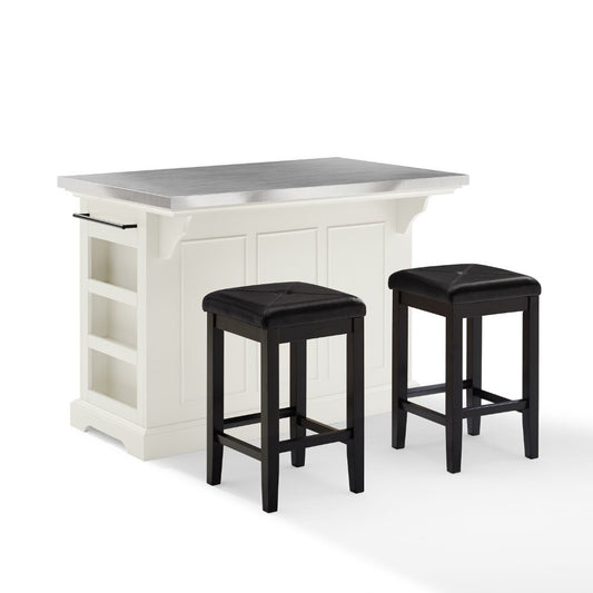 Crosley Furniture - Julia Island With Uph Square Stools White/Black - Kitchen Island, 2 Counter Height Bar Stools - KF30063WH-BK veiw 1