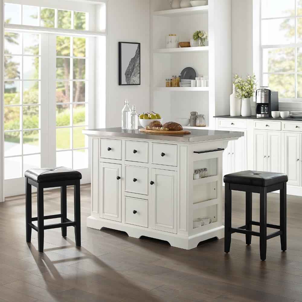Crosley Furniture - Julia Island With Uph Square Stools White/Black - Kitchen Island, 2 Counter Height Bar Stools - KF30063WH-BK veiw 4