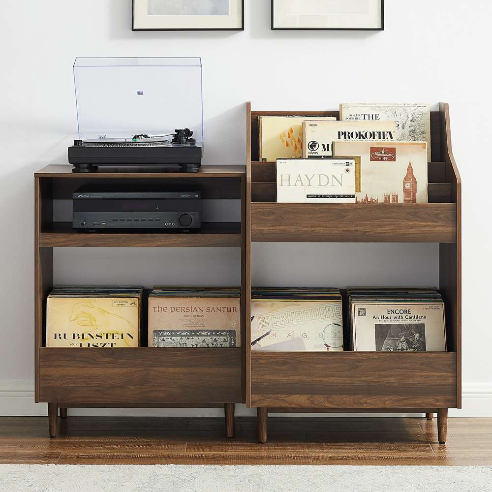 Crosley Furniture - Liam 2Pc Record Player Stand And Vinyl Storage Set Walnut - Record Player Stand & Record Storage Stand - KF13123WA veiw 3