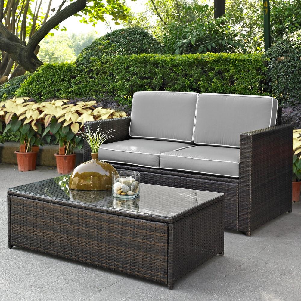 Crosley Furniture - Palm Harbor 2 Piece Outdoor Wicker Seating Set With Gray Cushions- Loveseat & Glass Top Table - KO70002BR-GY_CLOSEOUT veiw 1