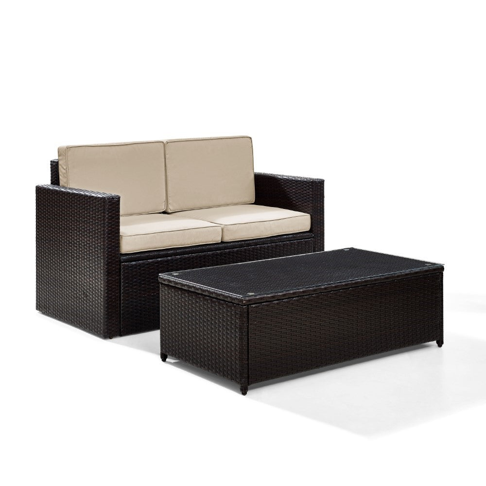 Crosley Furniture - Palm Harbor 2 Piece Outdoor Wicker Seating Set With Sand Cushions - Loveseat & Glass Top Table - KO70002BR-SA_CLOSEOUT veiw 1