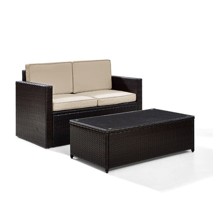 Crosley Furniture - Palm Harbor 2 Piece Outdoor Wicker Seating Set With Sand Cushions - Loveseat & Glass Top Table - KO70002BR-SA_CLOSEOUT veiw 1