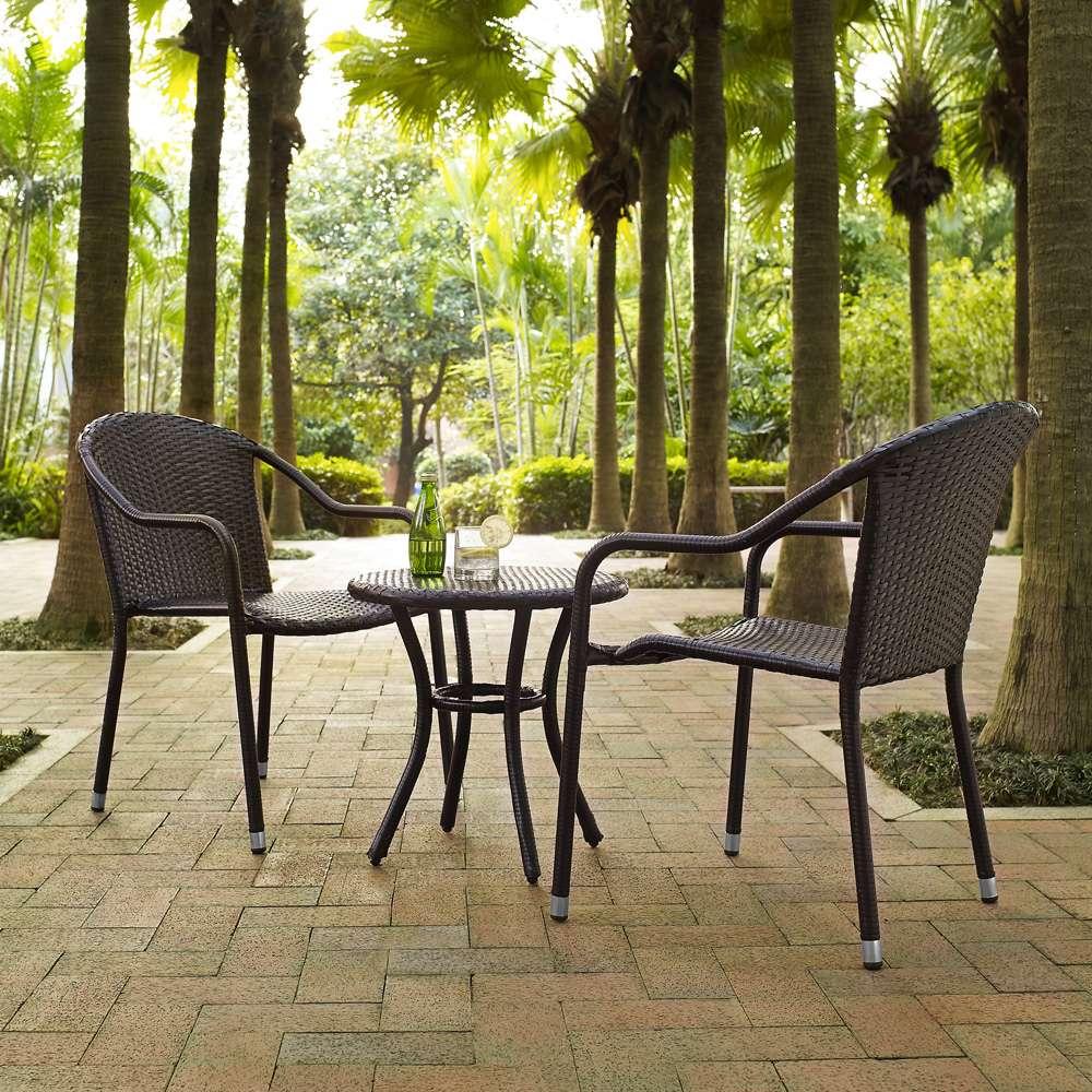 Crosley Furniture - Palm Harbor 3 Piece Outdoor Wicker Caf? Seating Set in Brown - 2 Stacking Chairs and Round Side Table - KO70060BR_CLOSEOUT veiw 1