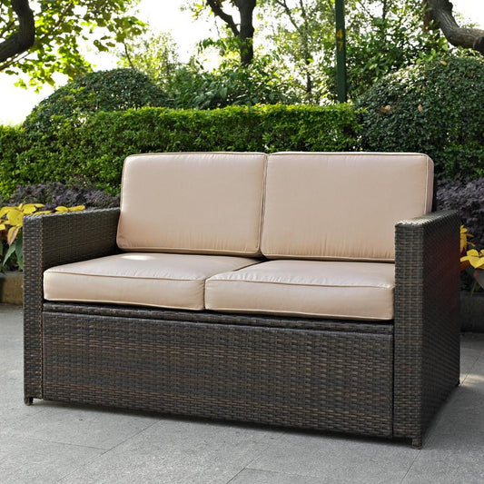 Crosley Furniture - Palm Harbor Outdoor Wicker Loveseat in Brown With Sand Cushions - KO70092BR-SA_CLOSEOUT veiw 1