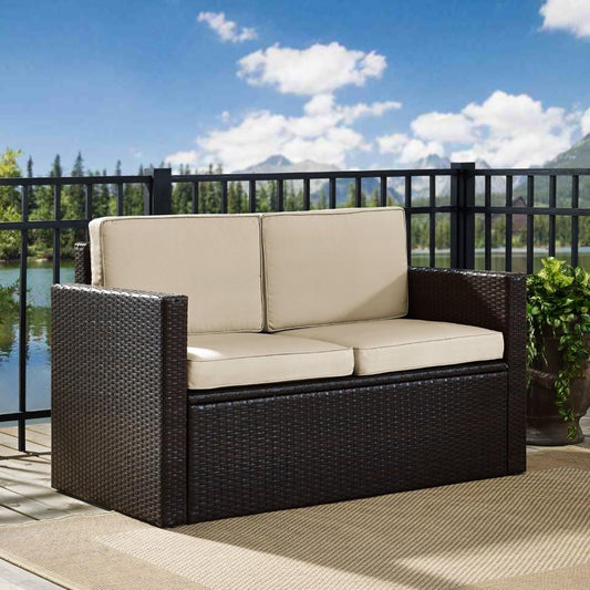 Crosley Furniture - Palm Harbor Outdoor Wicker Loveseat in Brown With Sand Cushions - KO70092BR-SA_CLOSEOUT veiw 2
